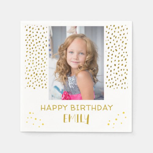 Gold Stars Faux Glitter Birthday Kids Girl Photo Napkins