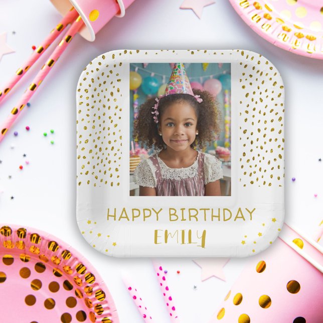 Gold Stars Faux Glitter Birthday Kids Girl Photo Paper Plates (Creator Uploaded)