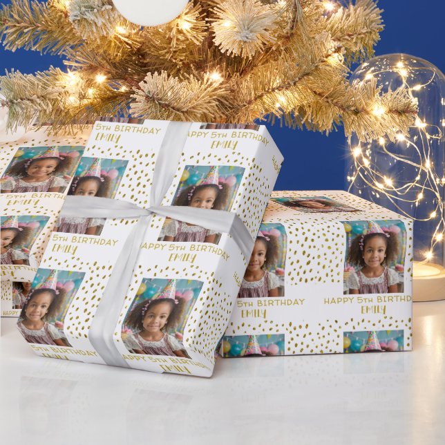 Gold Stars Faux Glitter Birthday Kids Girl Photo Wrapping Paper (Holidays)