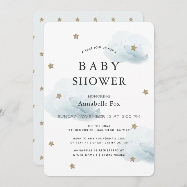 Gold Stars & Fluffy Clouds Baby Shower Invitation (Front/Back)