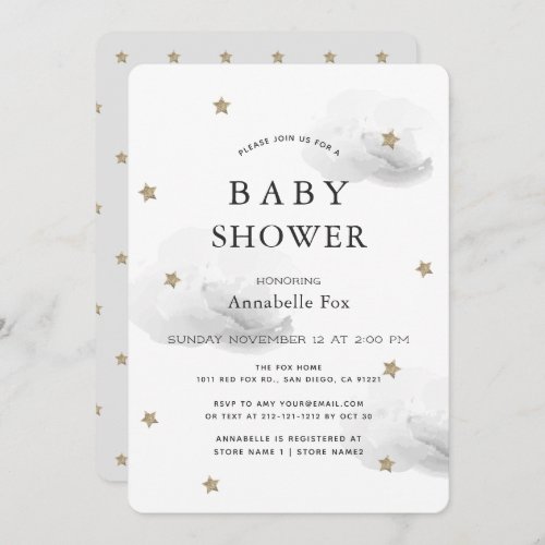 Gold Stars  Fluffy Gray Clouds Baby Shower Invitation