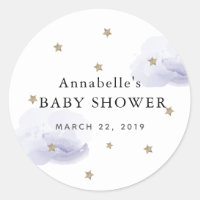 Gold Stars & Fluffy Lavender Clouds Baby Shower Classic Round Sticker