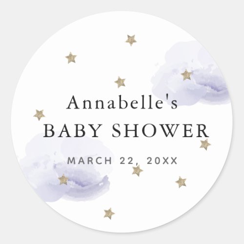 Gold Stars  Fluffy Lavender Clouds Baby Shower Classic Round Sticker