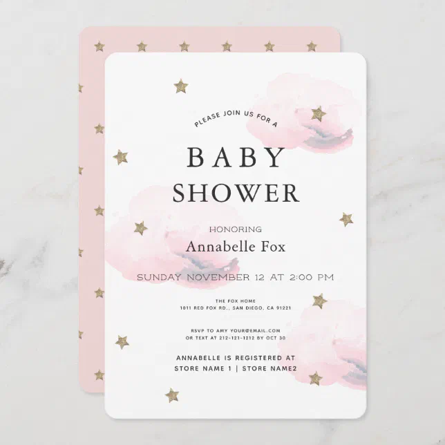 Gold Stars & Fluffy Pink Clouds Baby Shower Invitation | Zazzle