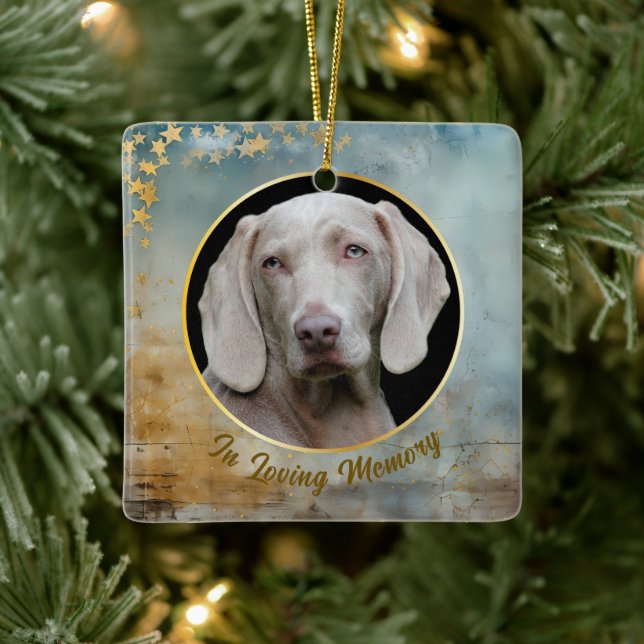 Gold Stars Frame on Wood Pet Memorial Ceramic Ornament (Tree)