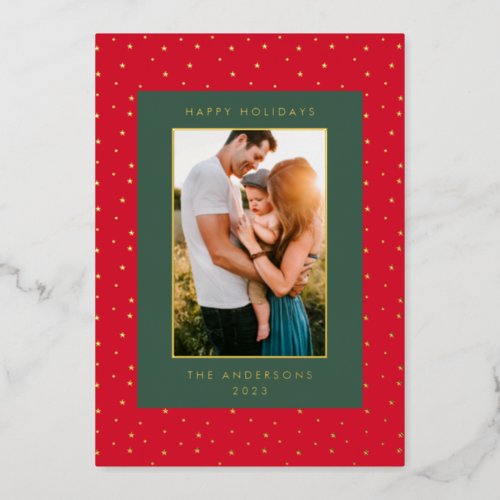 Gold Stars Frame Text Photo Happy Foil Holiday Card