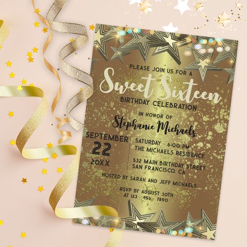 Gold Stars Glitter and Lights Sweet 16 Birthday  Invitation