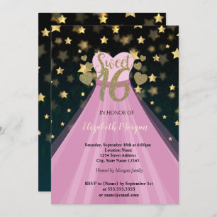 Gold Stars,Glitter, Dress Sweet 16 Party Invitation