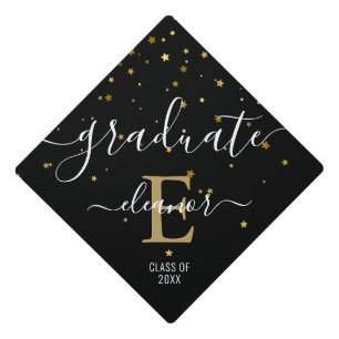 Gold Stars Glitter Elegant Monogam Name Graduation Cap Topper