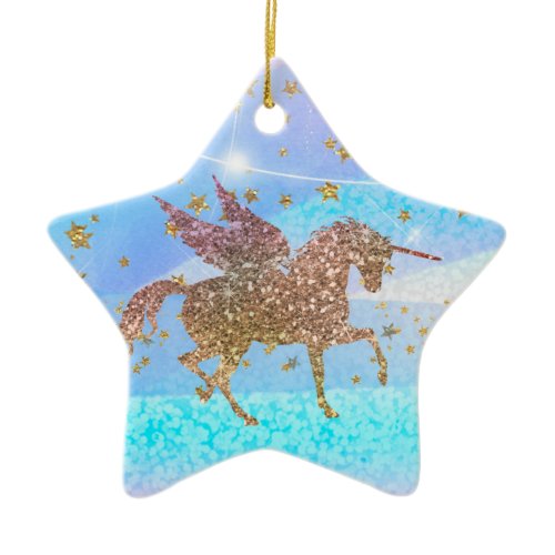 Gold Stars Glitter Flying Unicorn Purple Custom Ceramic Ornament