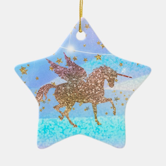 Gold Stars Glitter Flying Unicorn Purple Custom Ceramic Ornament (Front)