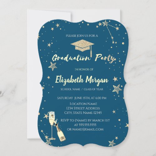 Gold Stars Glitter Grad Cap Invitation