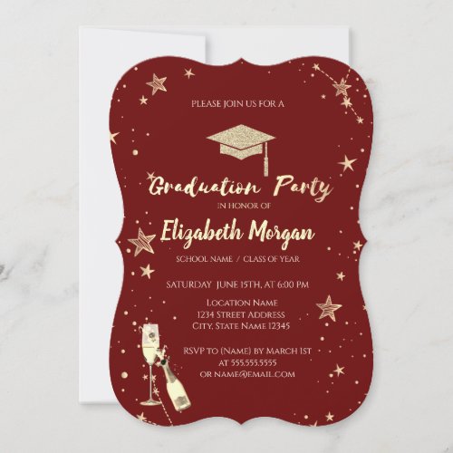 Gold Stars Glitter Grad Cap Red Invitation