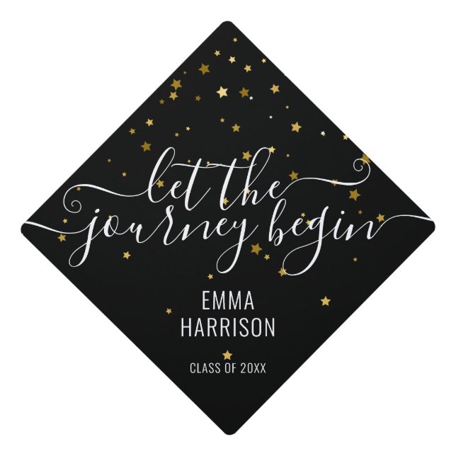 Gold Stars Glitter Let The Journey Begin Name Graduation Cap Topper (Front)
