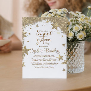 Gold Stars glitter Sweet Sixteen Birthday Party  Invitation