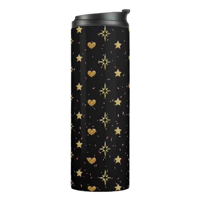 Gold Stars Gold Hearts Patterns in Black  Thermal Tumbler (Rotated Left)