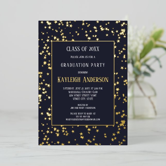 Gold Stars Graduation Party Foil Invitation (Standing Front)
