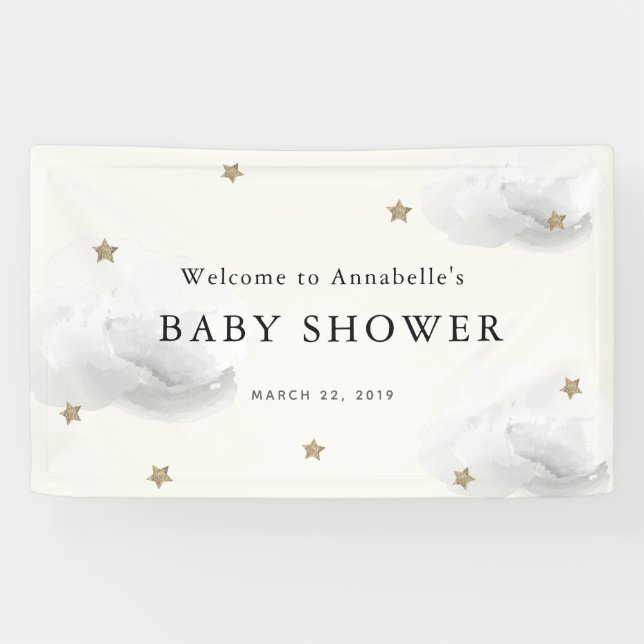 Gold Stars & Gray Clouds Baby Shower Banner (Horizontal)