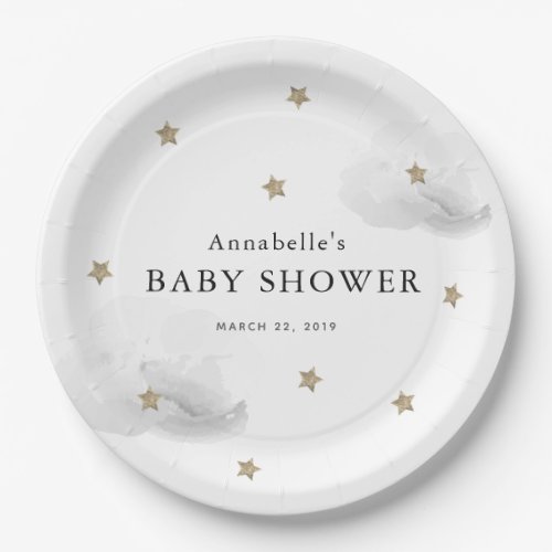 Gold Stars  Gray Clouds Baby Shower Paper Plates