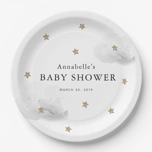 Gold Stars & Gray Clouds Baby Shower Paper Plates (Front)
