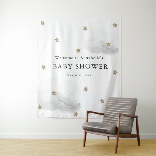 Gold Stars  Gray Clouds Baby Shower Tapestry