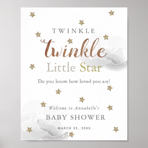 Gold Stars  Gray Clouds Baby Shower Welcome  Poster