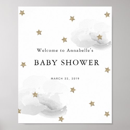 Gold Stars  Gray Clouds Baby Shower Welcome Sign