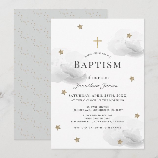 Gold Stars & Gray Clouds Gender-Neutral Baptism Invitation (Front/Back)
