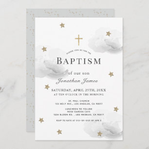 Gold Stars & Gray Clouds Gender-Neutral Baptism Invitation