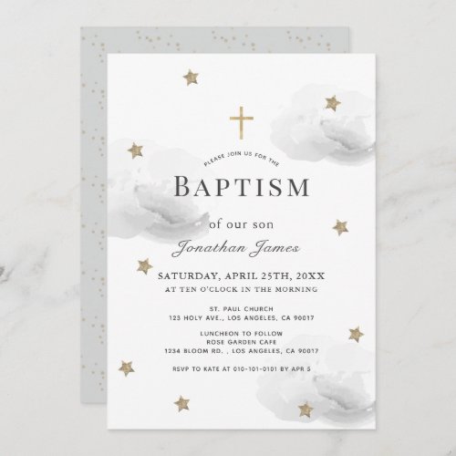 Gold Stars  Gray Clouds Gender_Neutral Baptism Invitation