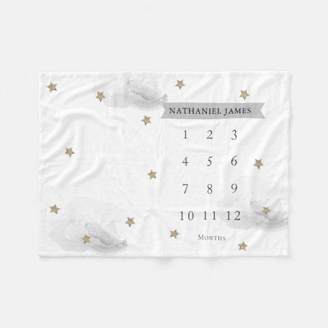 Gold Stars & Gray Clouds Monthly Milestone Fleece Blanket (Front (Horizontal))