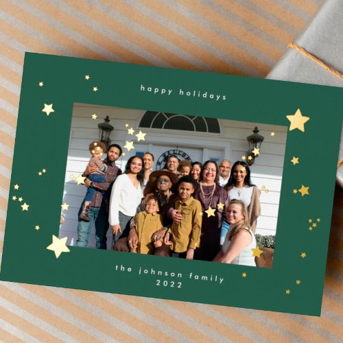 Gold Stars Green Emerald Photo Happy Christmas Foil Holiday Card