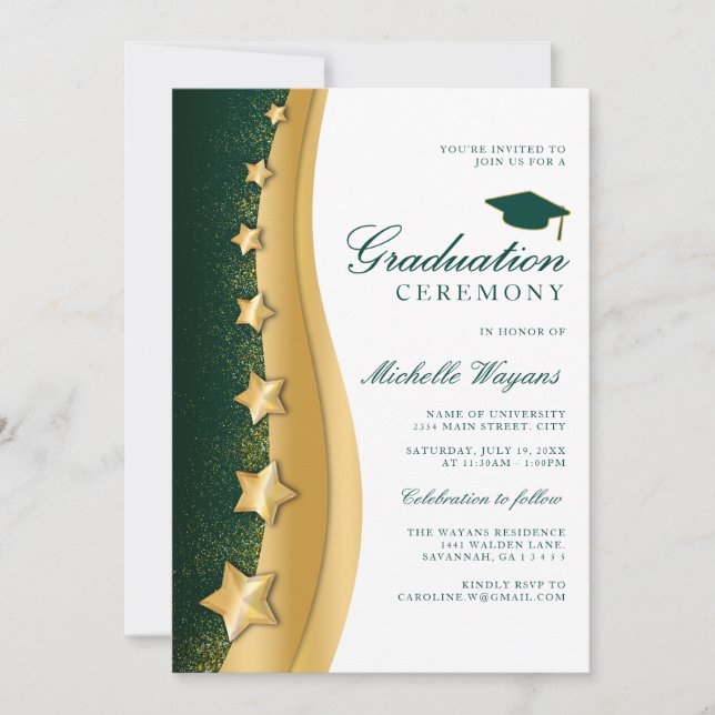 Gold Stars Green Graduation Ceremony & Party Invitation (Front)