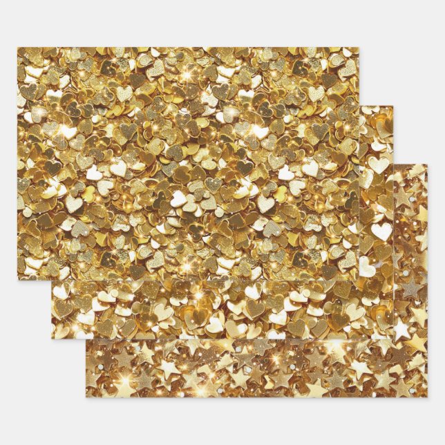 Gold Stars Hearts Confetti Wrapping Paper Sheets (Set)