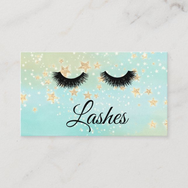 *~* Gold Stars Lashes Extensions Girly Glitter Business Card (Front)