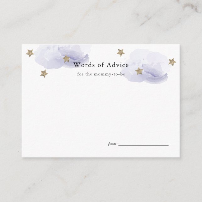 Gold Stars & lavender Clouds Baby Shower Advice Enclosure Card (Front)