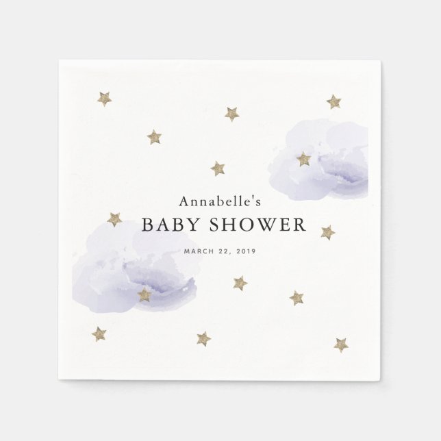 Gold Stars & Lavender Clouds Baby Shower Paper Napkins (Front)