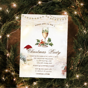 Gold Stars,Lights,Holly Berry Champagne Christmas Invitation
