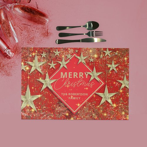 Gold Stars Lights Red Glitter Christmas Placemat