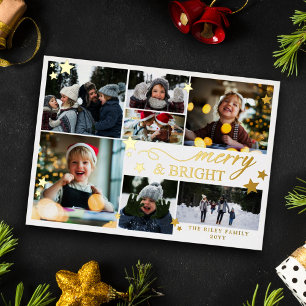 Gold Stars Merry & Bright 7 Photos Foil Holiday Card