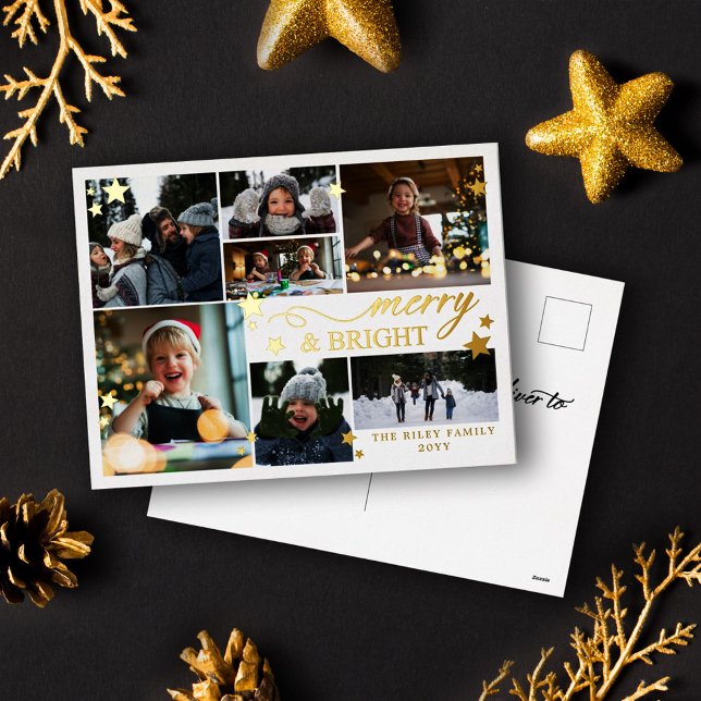 Gold Stars Merry & Bright 7 Photos Foil Holiday Postcard (Creator Uploaded)