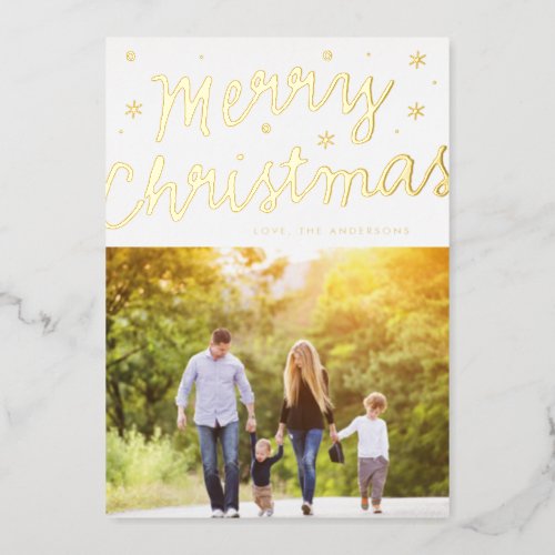 Gold Stars Merry Christmas Brush Lettering Photo Foil Holiday Card