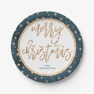Gold Stars Merry Christmas Paper Plates Midnight