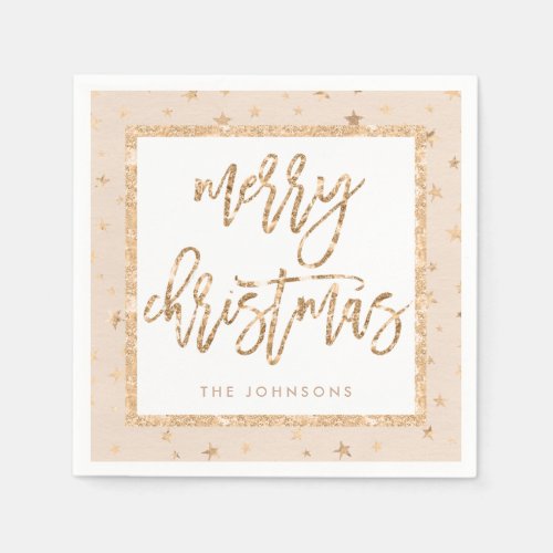 Gold Stars Merry Christmas Peach Paper Napkins