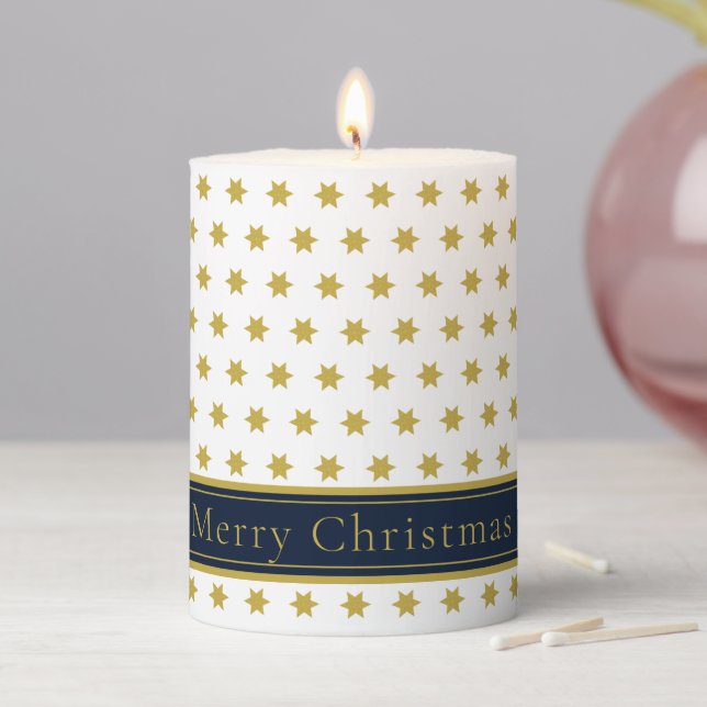 Gold stars Merry Christmas White Pillar Candle (In Situ)