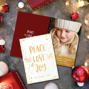 Gold Stars Modern Peace Love Joy Quote Photo Real Foil Card