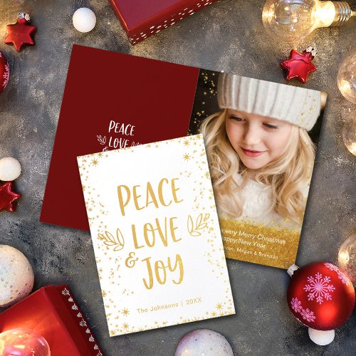 Gold Stars Modern Peace Love Joy Quote Photo Real Foil Card