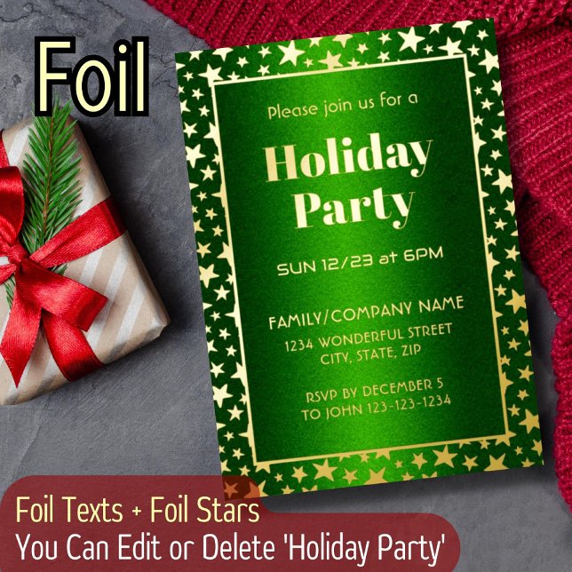 Gold Stars Modern Typography Christmas Party Green Foil Invitation (Creator Uploaded)