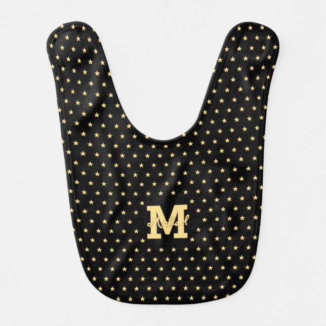 Gold Stars Monogrammed Black Soft Toddler Newborn Baby Bib (Front)