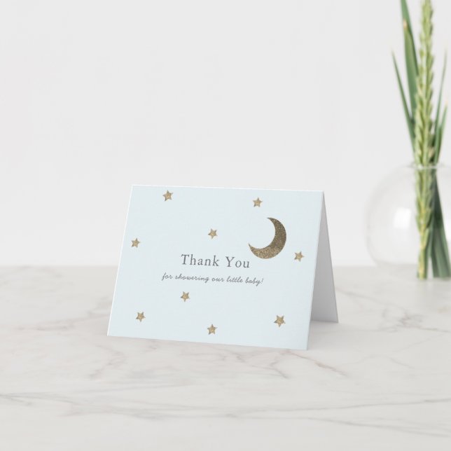 Gold Stars & Moon Blue Baby Shower Thank You Card (Front)